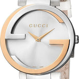 Gucci Interlocking 18K Gold Silver Dial White Leather Strap Watch For Women - YA133303 Buy Now By Gucci