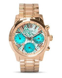 Guess Mini Sunrise Multi Function Analog Turquoise Dial Rose Gold Steel Strap Watch For Women - W0448L8 Buy Now By Guess