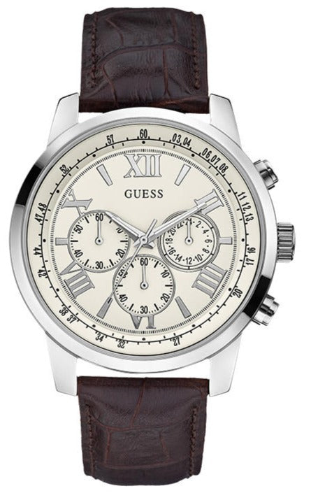 Guess Horizon Chronograph White Dial Brown Leather Strap Watch For Men - W0380G2 Buy Now By Guess