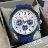 Guess Caliber Chronograph White Dial Blue Rubber Strap Watch for Men - W0864G6 Buy Now By Guess