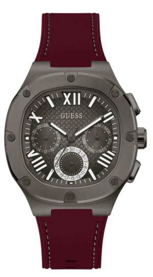 Guess Headline Multifunction Grey Dial Burgundy Silicone Strap Watch For Men - GW0571G4 Buy Now By Guess