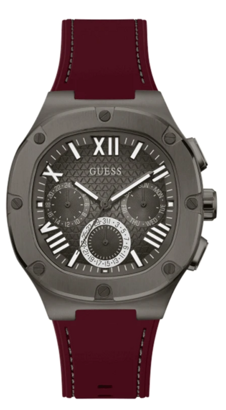 Guess Headline Multifunction Grey Dial Burgundy Silicone Strap Watch For Men - GW0571G4 Buy Now By Guess