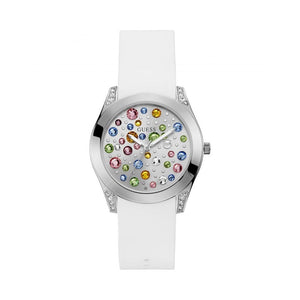 Guess Wanderlust Crystals Silver Dial White Rubber Strap Watch For Women - W1059L3 Buy Now By Guess
