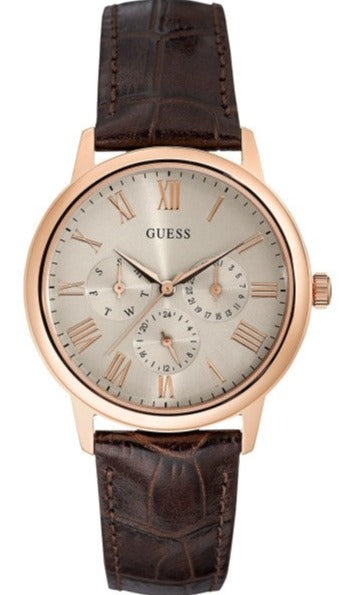 Guess Wafer Quartz Beige Dial Brown Leather Strap Watch For Men - W0496G1 Buy Now By Guess