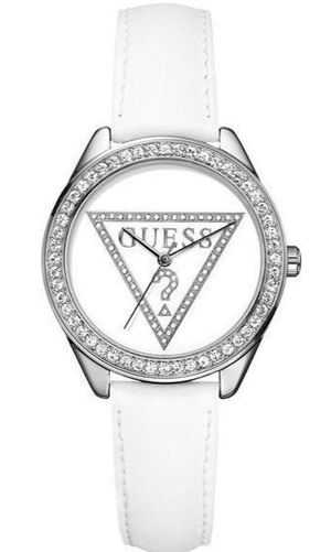 Guess Mini Triangle Quartz Diamonds Silver Dial White Leather Strap Watch For Women - W65006L1 Buy Now By Guess