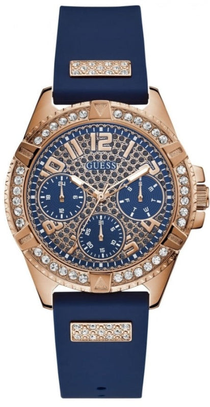 Guess Frontier DIamonds Gold Dial Blue Rubber Strap Watch For Women - W1160L3 Buy Now By Guess