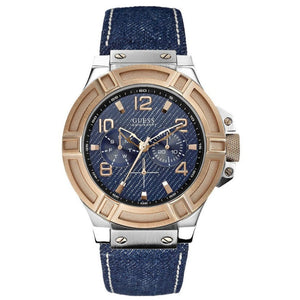Guess Rigor Analog Blue Dial Blue Denim Strap Watch For Men - W0040G6 Buy Now By Guess