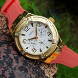 Guess Jet Setter Golden Dial Orange Rubber Watch For Women - W0564L2 Buy Now By Guess