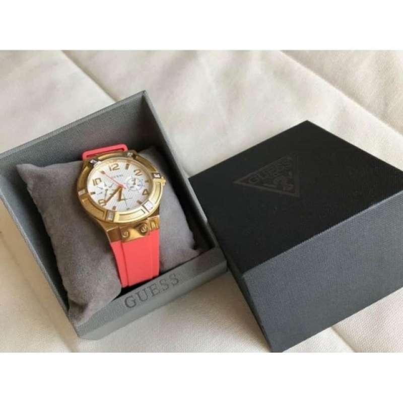 Guess Jet Setter Golden Dial Orange Rubber Watch For Women - W0564L2 Buy Now By Guess