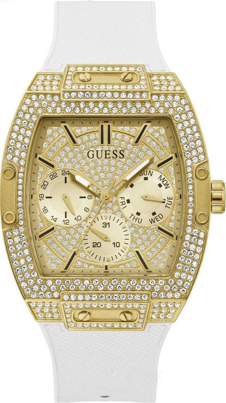 Guess Phoenix Multifunction Quartz Gold Dial White Silicon Strap Watch For Men - GW0048G3 Buy Now By Guess