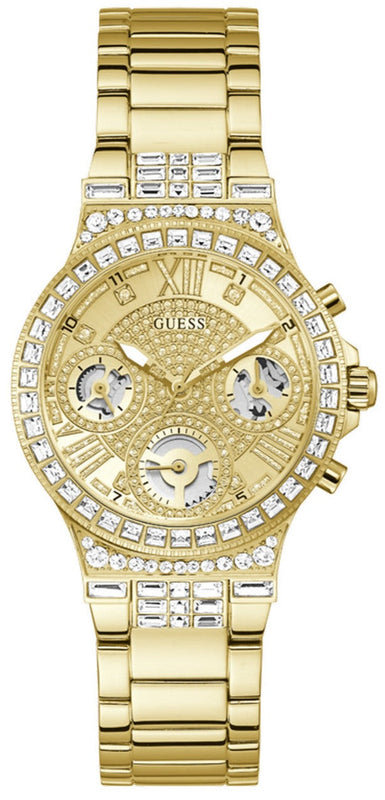 Guess Moonlight Multi Function Diamonds Gold Dial Gold Steel Strap Watch for Women - GW0320L2 Buy Now By Guess