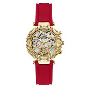 Guess Solstice Diamonds Gold Dial Red Rubber Strap Watch for Women - GW0484L1 Buy Now By Guess