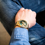 Guess Equity Analog Green Dial Gold Steel Strap Watch For Men - GW0703G2 Buy Now By Guess