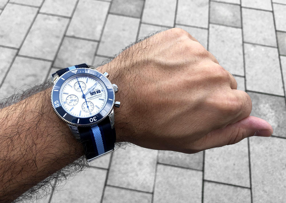 Breitling Superocean Heritage Chronograph 44 Ocean Conservancy Silver Dial Two Tone NATO Strap Watch for Men - A133131A1G1W1