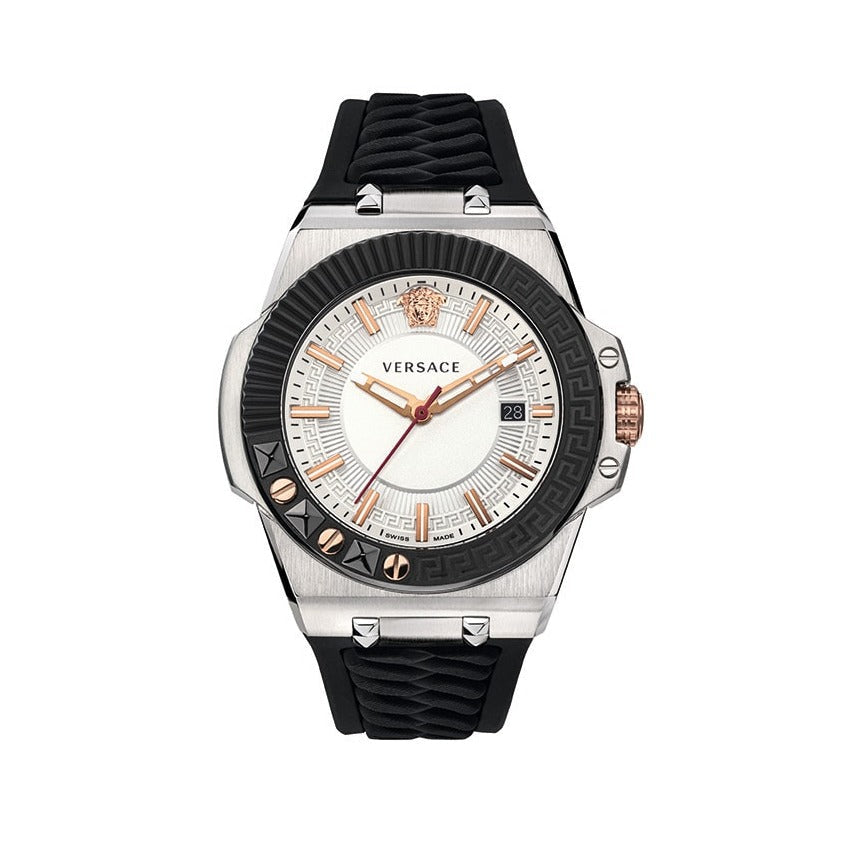 Versace Chain Reaction Quartz White Dial Black Rubber Strap Watch for Men - VEDY00219 Buy Now By Versace