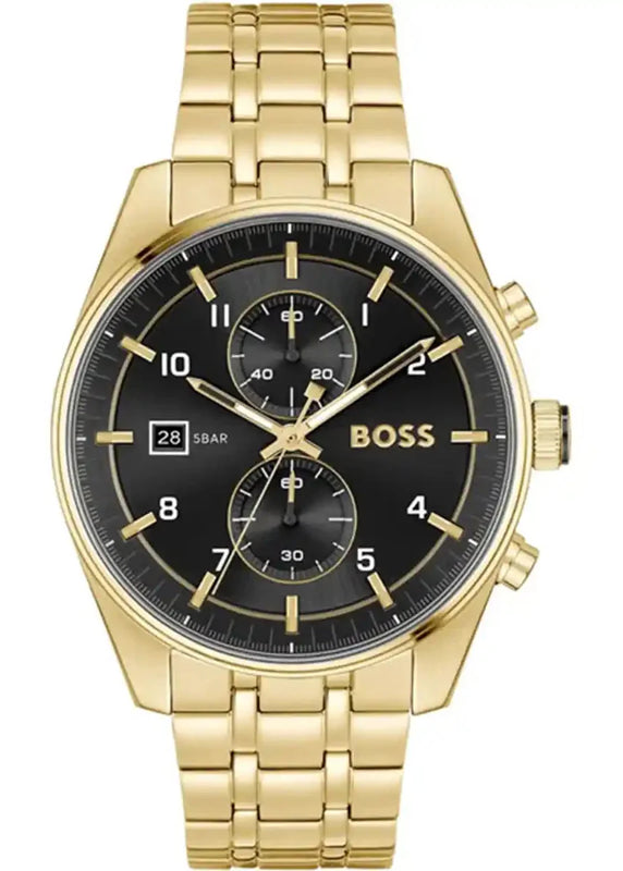Hugo Boss Skytraveller Chronograph Black Dial Gold Steel Strap Watch for Men - 1514152 Buy Now By Hugo Boss