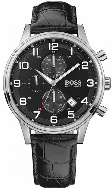 Hugo Boss Aeroliner Chronograph Quartz Black Dial Black Leather Strap Watch For Men - HB1512448 Buy Now By Hugo Boss