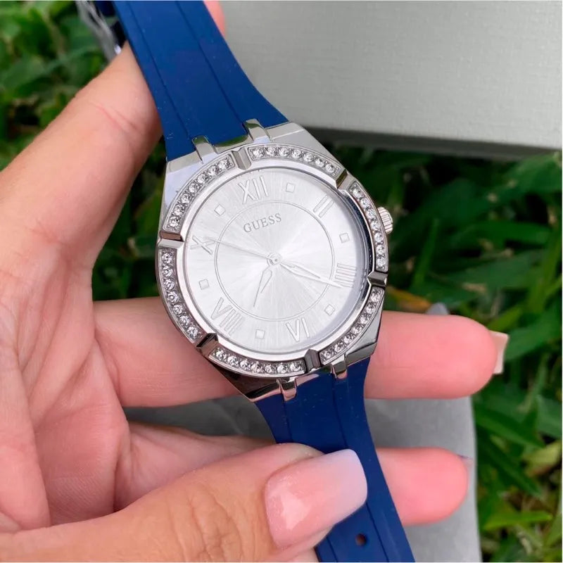 Guess Cosmo Diamonds Silver Dial Blue Rubber Strap Watch for Women - GW0034L5 Buy Now By Guess