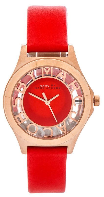 Marc Jacobs Henry Skeleton Red Dial Red Leather Strap Watch for Women - MBM1338 Buy Now By Marc Jacobs