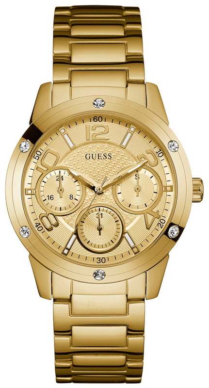 Guess Crystal Multifunction Gold Dial Gold Steel Strap Watch for Women - W0778L2 Buy Now By Guess
