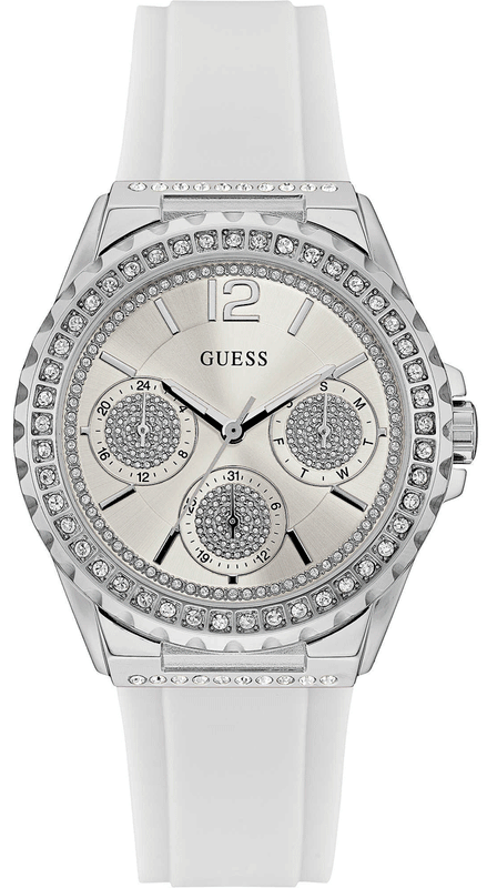 Guess Starlight Multifunction Diamonds White Dial White Rubber Strap Watch for Women - W0846L8 Buy Now By Guess