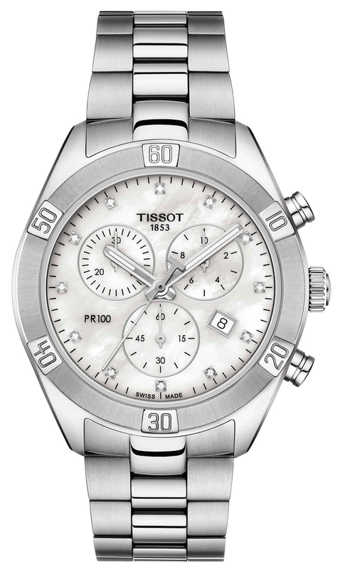 Tissot PR 100 Sport Chic Chronograph Diamonds Mother of Pearl Dial Silver Steel Strap Watch for Women - T101.917.11.116.00 Buy Now By Tissot