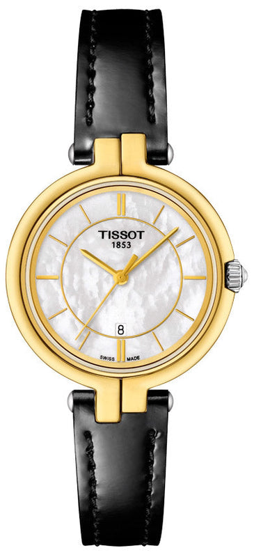 Tissot Flamingo Mother of Pearl White Dial Black Leather Strap Watch For Women - T094.210.26.111.00 Buy Now By Tissot