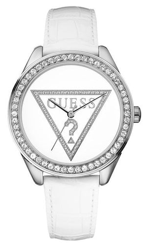 Guess Mini Triangle Quartz Diamonds Silver Dial White Leather Strap Watch For Women - W65006L1 Buy Now By Guess