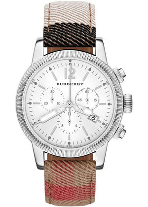 Burberry Utilitarian Chronograph White Dial Tri Tone Leather Strap Watch for Women - BU7820 Authentic Buy Shop Now