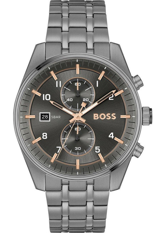 Hugo Boss Skytraveller Chronograph Gunmetal Grey Dial Grey Steel Strap Watch for Men - 1514153 Buy Now By Hugo Boss
