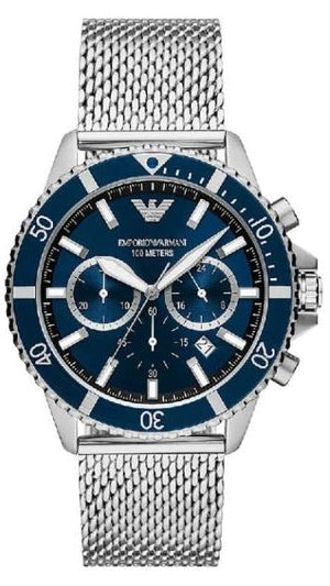 Emporio Armani Diver Chronograph Blue Dial Silver Mesh Strap Watch for Men - AR11587 Buy Now By Emporio Armani