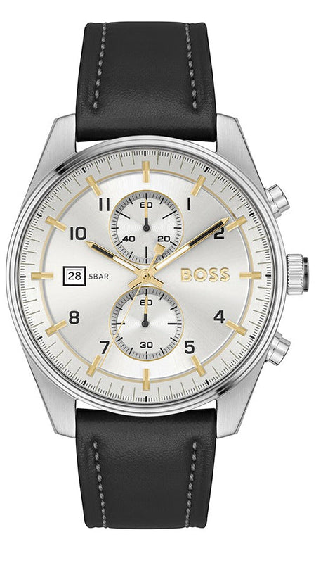 Hugo Boss Skytraveller Chronograph Silver Dial Black Leather Strap Watch for Men - 1514147 Buy Now By Hugo Boss