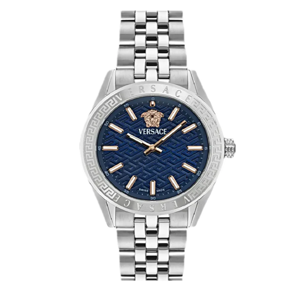 Versace V-Code Analog Blue Dial Silver Steel Strap Watch for Women - VE8I00324 Buy Now By Versace