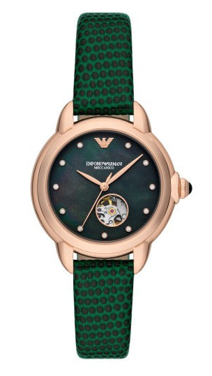 Emporio Armani Mia Meccanico Mother of Pearl Dial Green Leather Strap Watch for Women - AR60073 Buy Now By Emporio Armani
