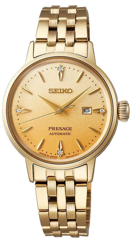 Seiko Presage Cocktail Time Automatic Diamonds Gold Dial Gold Steel Strap Watch for Women - SRE018J1 Authentic Buy Shop Now