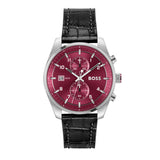 Hugo Boss Skytraveller Chronograph Burgundy Red Dial Black Leather Strap Watch for Men - 1514193 Buy Now By Hugo Boss