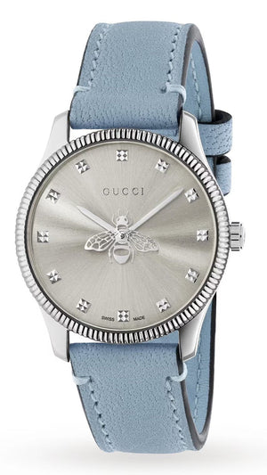 Gucci G Timeless Silver Dial Blue Leather Strap Watch for Women - YA1265039 Authentic Buy Shop Now