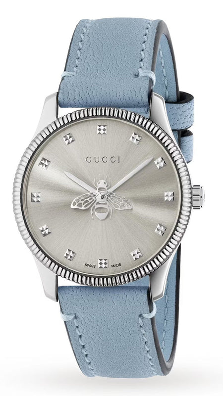 Gucci G Timeless Silver Dial Blue Leather Strap Watch for Women - YA1265039 Authentic Buy Shop Now