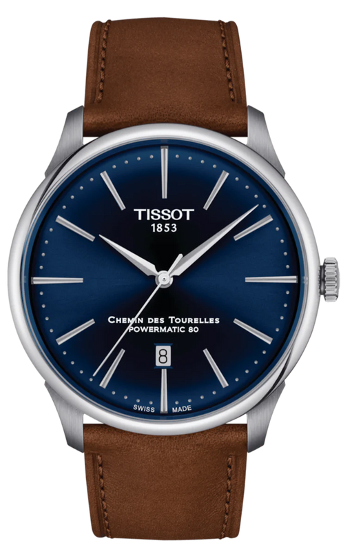 Tissot Chemin des Tourelles Automatic Powermatic 80 Blue Dial Brown Leather Strap Watch for Men - T139.407.16.041.00 Authentic Buy Shop Now