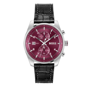 Hugo Boss Skytraveller Chronograph Burgundy Red Dial Black Leather Strap Watch for Men - 1514193 Buy Now By Hugo Boss