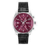 Hugo Boss Skytraveller Chronograph Burgundy Red Dial Black Leather Strap Watch for Men - 1514193 Buy Now By Hugo Boss