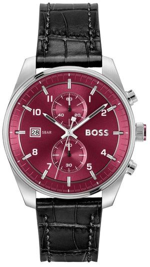 Hugo Boss Skytraveller Chronograph Burgundy Red Dial Black Leather Strap Watch for Men - 1514193 Buy Now By Hugo Boss