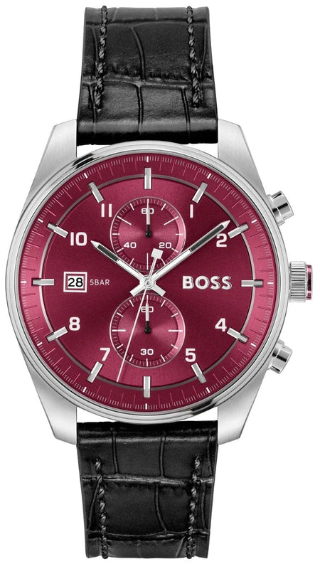 Hugo Boss Skytraveller Chronograph Burgundy Red Dial Black Leather Strap Watch for Men - 1514193 Buy Now By Hugo Boss