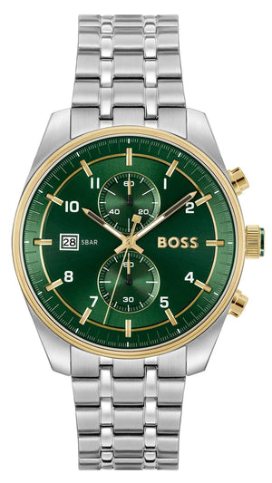 Hugo Boss Skytraveller Chronograph Green Dial Silver Steel Strap Watch for Men - 1514195 Buy Now By Hugo Boss