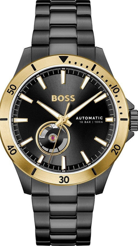 Hugo Boss Troper Chronograph Automatic Black Dial Black Steel Strap Watch for Men - 1514203 Authentic Buy Shop Now