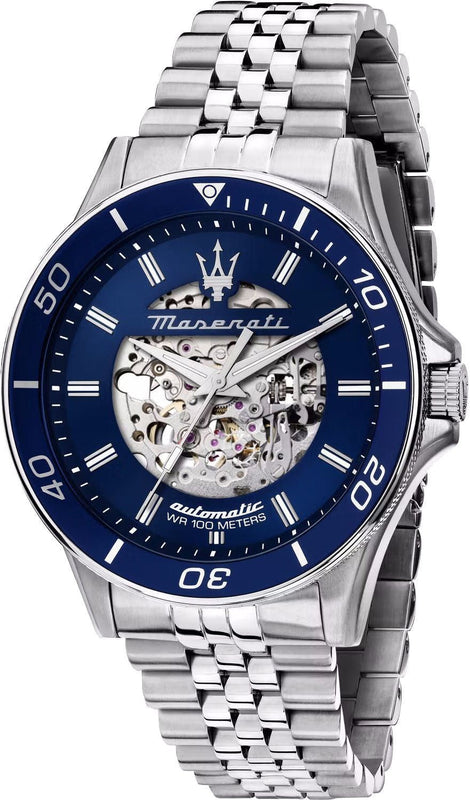 Maserati SFIDA Skeleton Automatic Blue Dial Silver Steel Strap Watch for Men - R8823140011 Authentic Buy Shop Now