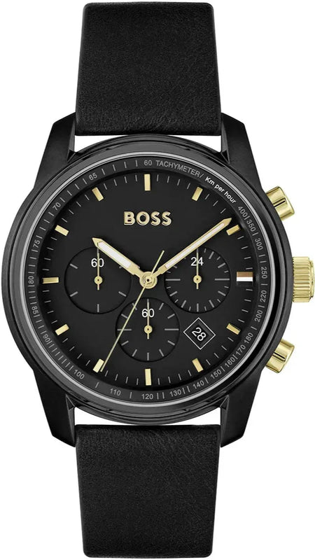 Hugo Boss Trace Chronograph Black Dial Black Leather Strap Watch for Men - 1514003 Authentic Buy Shop Now