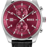 Hugo Boss Skytraveller Chronograph Burgundy Red Dial Black Leather Strap Watch for Men - 1514193 Buy Now By Hugo Boss