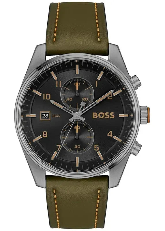 Hugo Boss Skytraveller Chronograph Black Dial Green Leather Strap Watch for Men - 1514148 Buy Now By Hugo Boss