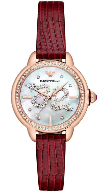 Emporio Armani Mia Mother of Pearl Dial Red Leather Strap Watch for Women - AR11646 Buy Now By Emporio Armani